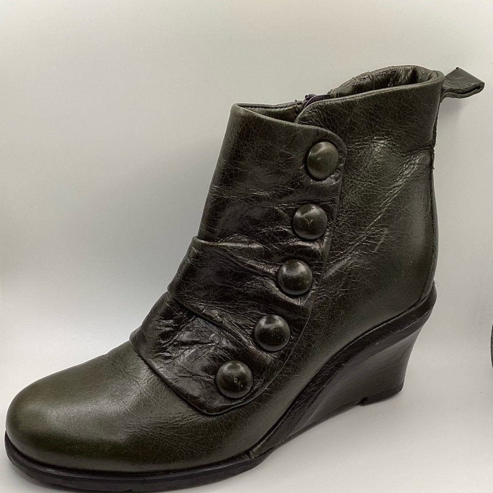 Miz Mooz Ankle Boot 36 Bottons Green Leather Wedge Heel Steam Punk Vic…